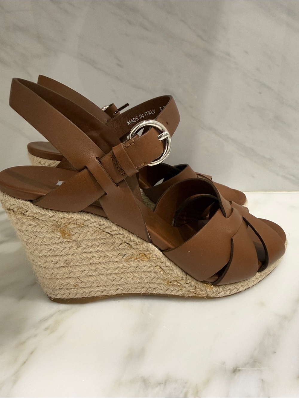 Prada Tan Leather Crisscross Wedge Sandals - Picture 2 of 6